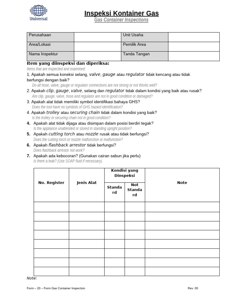 Inspeksi Kontainer Gas: Prosedur dan Checklist | PDF