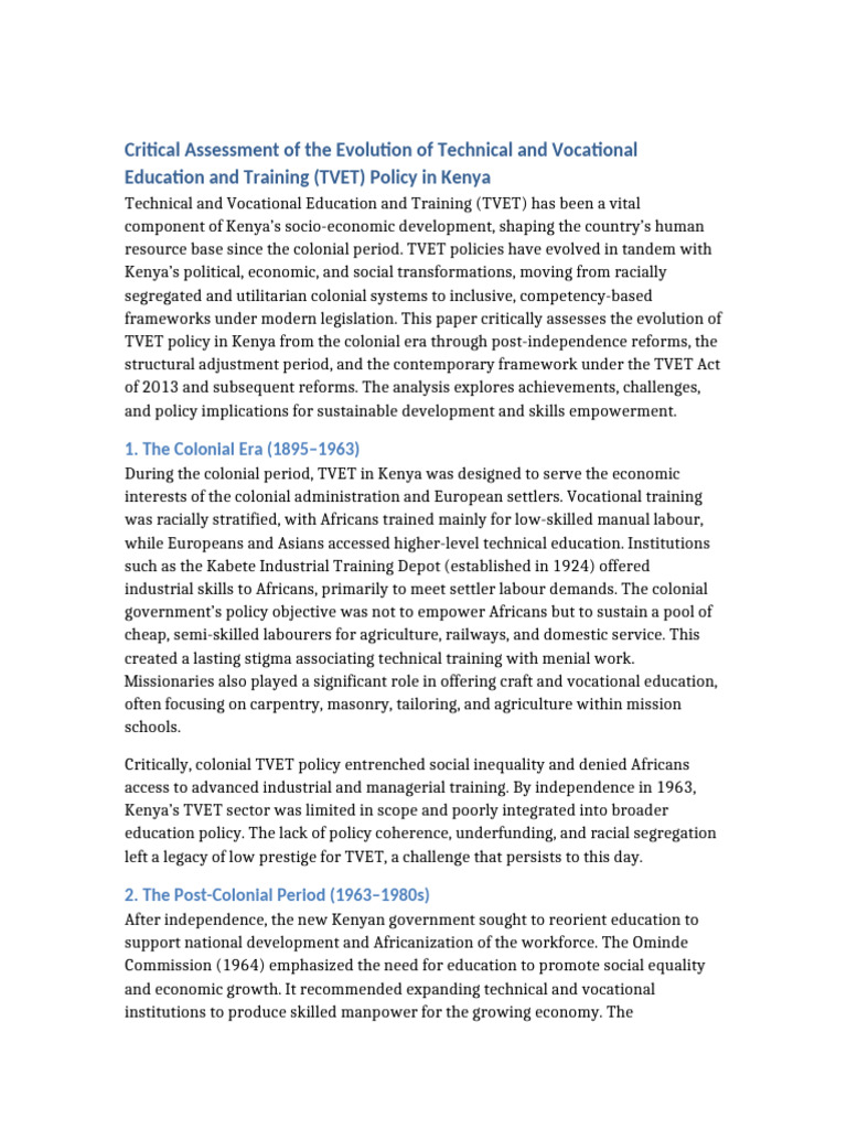 Evolution of TVET Policy in Kenya | PDF | Vocational Education | Kenya