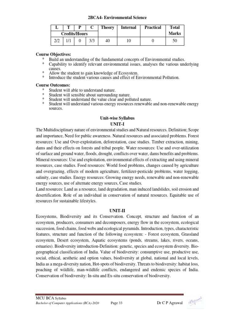2BCA4-Environmental Science L T P C Theory Internal Practical Total ...
