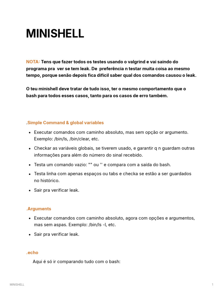 Testes e Funcionalidades do Minishell | PDF