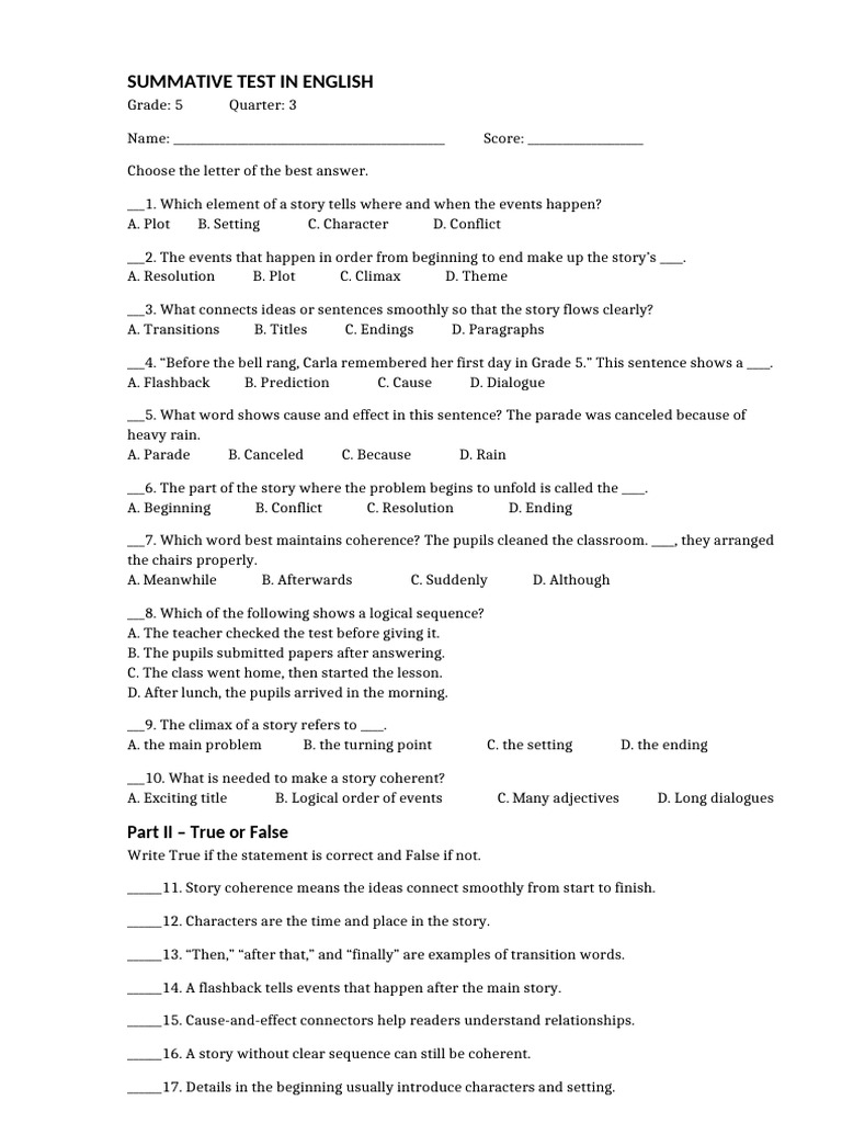 Summ - Test English 5 q3 w1 | PDF