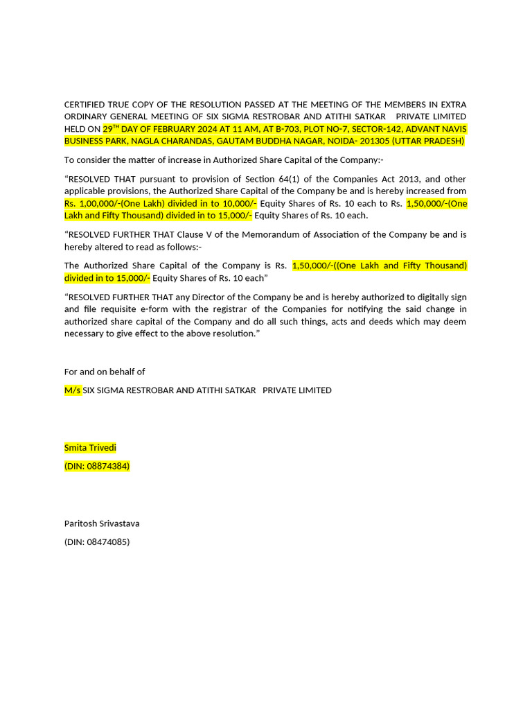 Increase in Authorized Share Capital Resolution | PDF