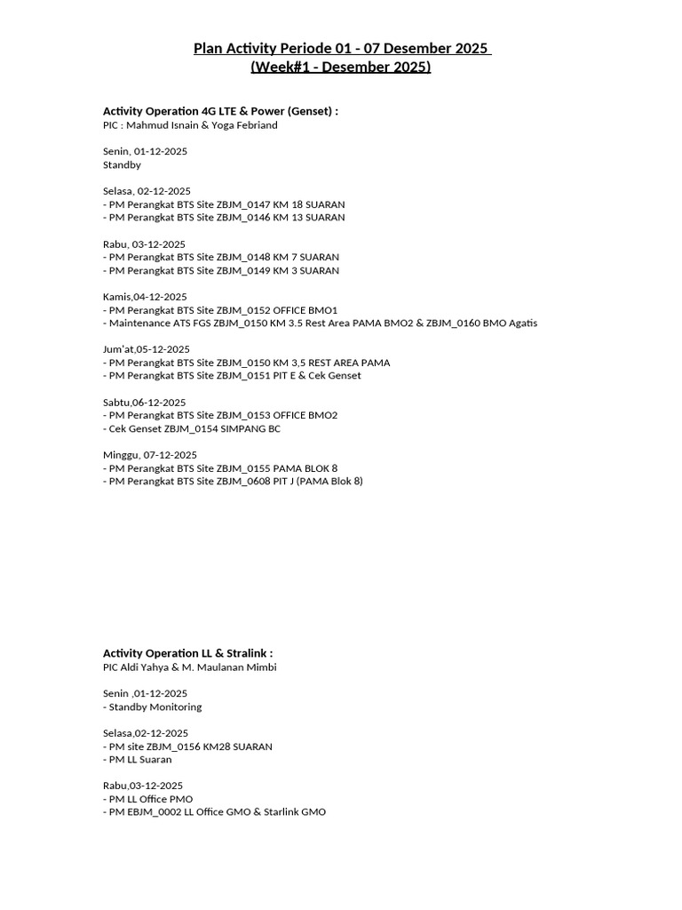 Weekly Activity Plan: Dec 1-7, 2025 | PDF