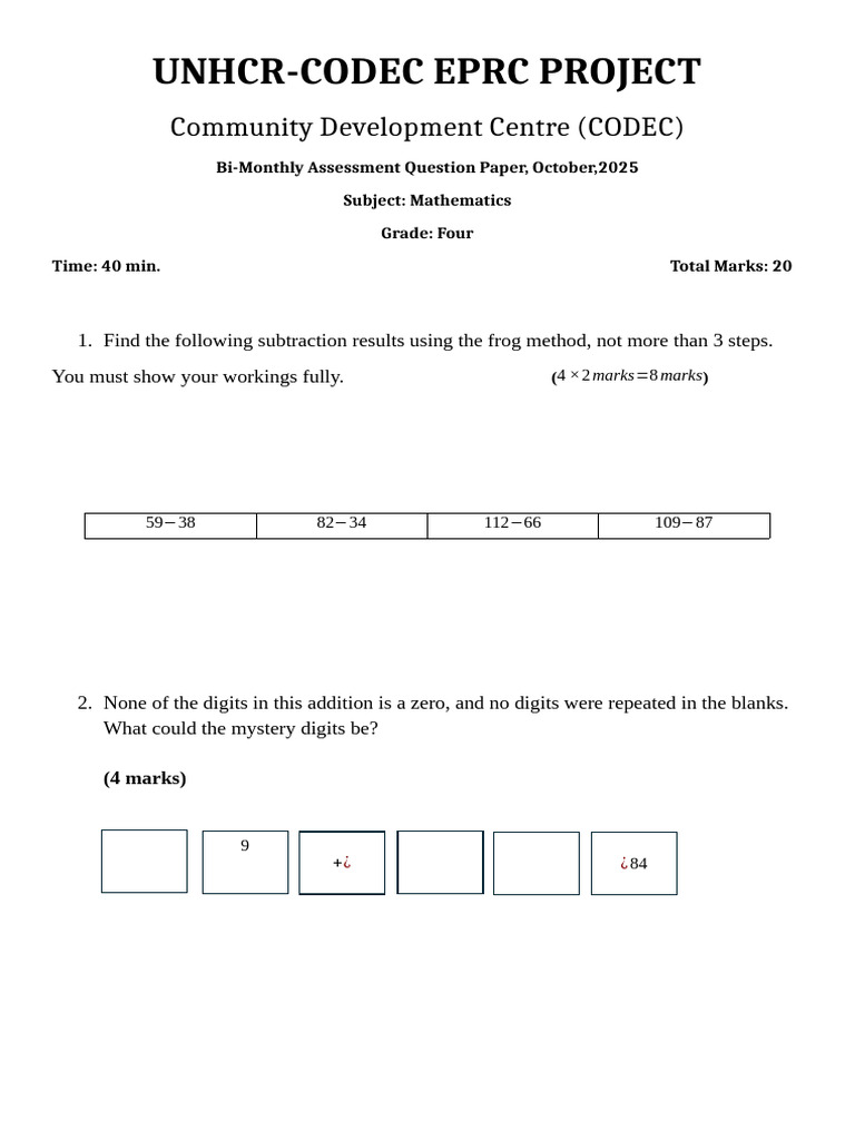 Grade 4 Math Assessment October 2025 | PDF