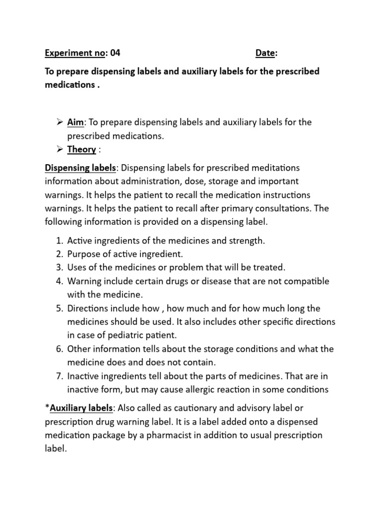 Experiment No: 04 Date: To Prepare Dispensing Labels and Auxiliary ...