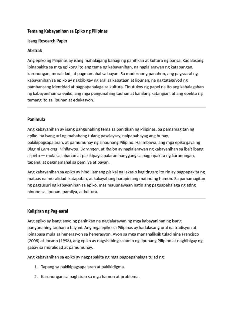 Tema NG Kabayanihan Sa Epiko NG Pilipinas | PDF