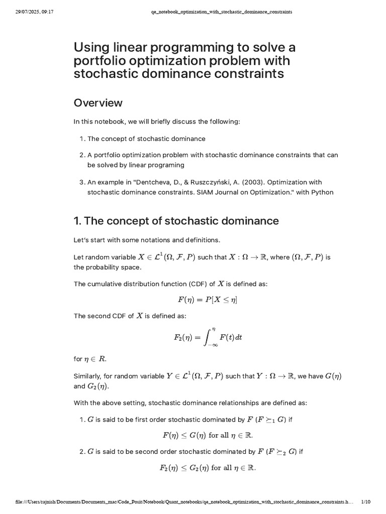 Portfolio Optimization with Stochastic Dominance | PDF | Normal ...