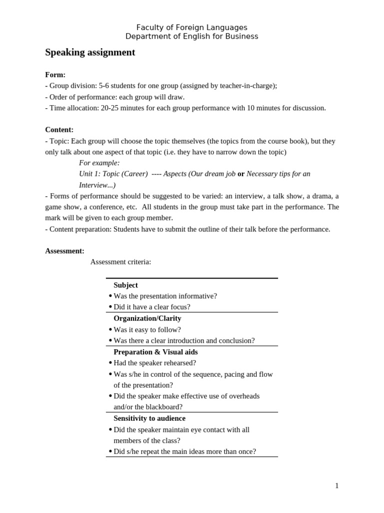 English Business Speaking Assignment Guide | PDF | Cognition ...