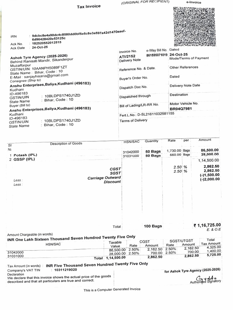 Tax Invoice for Ashok Tyre Agency | PDF | Invoice | Public Finance