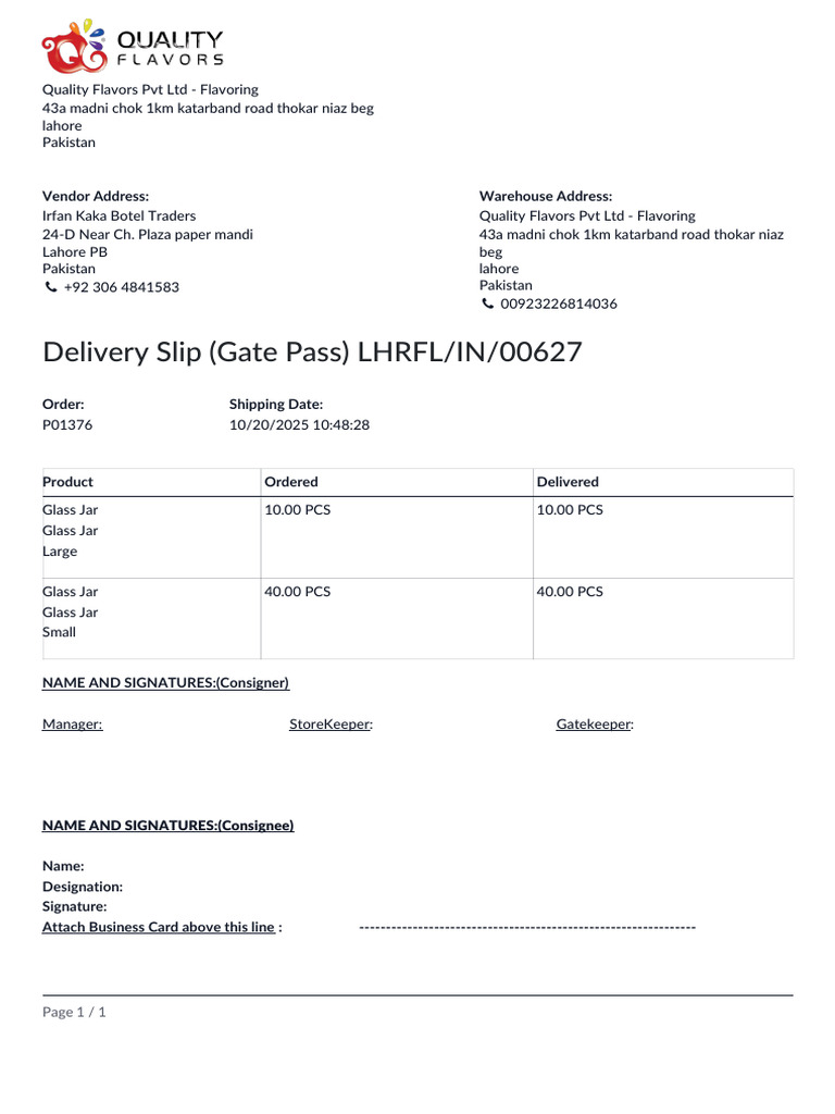 Delivery Slip - Irfan Kaka Botel Traders - LHRFL - IN - 00627 | PDF
