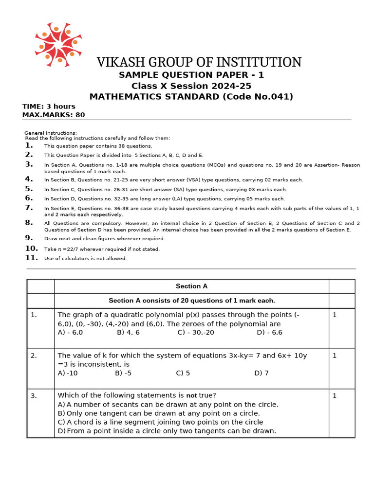 Class X Mathematics Sample Paper 2024 | PDF | Circle | Sphere