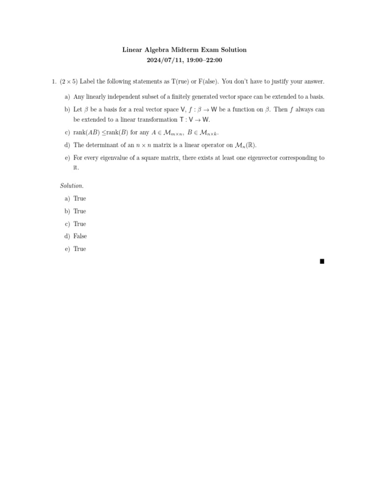 Linear Algebra Midterm Exam Solutions | PDF | Eigenvalues And ...