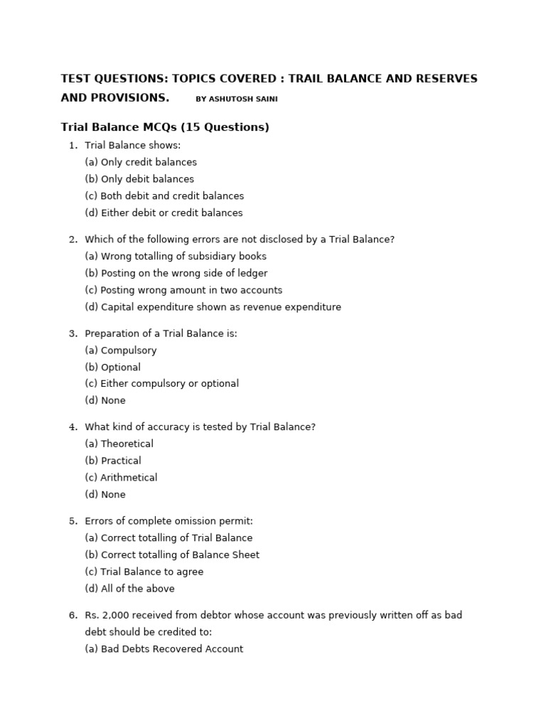 Trial Balance and Reserves MCQs Guide | PDF | Debits And Credits | Expense