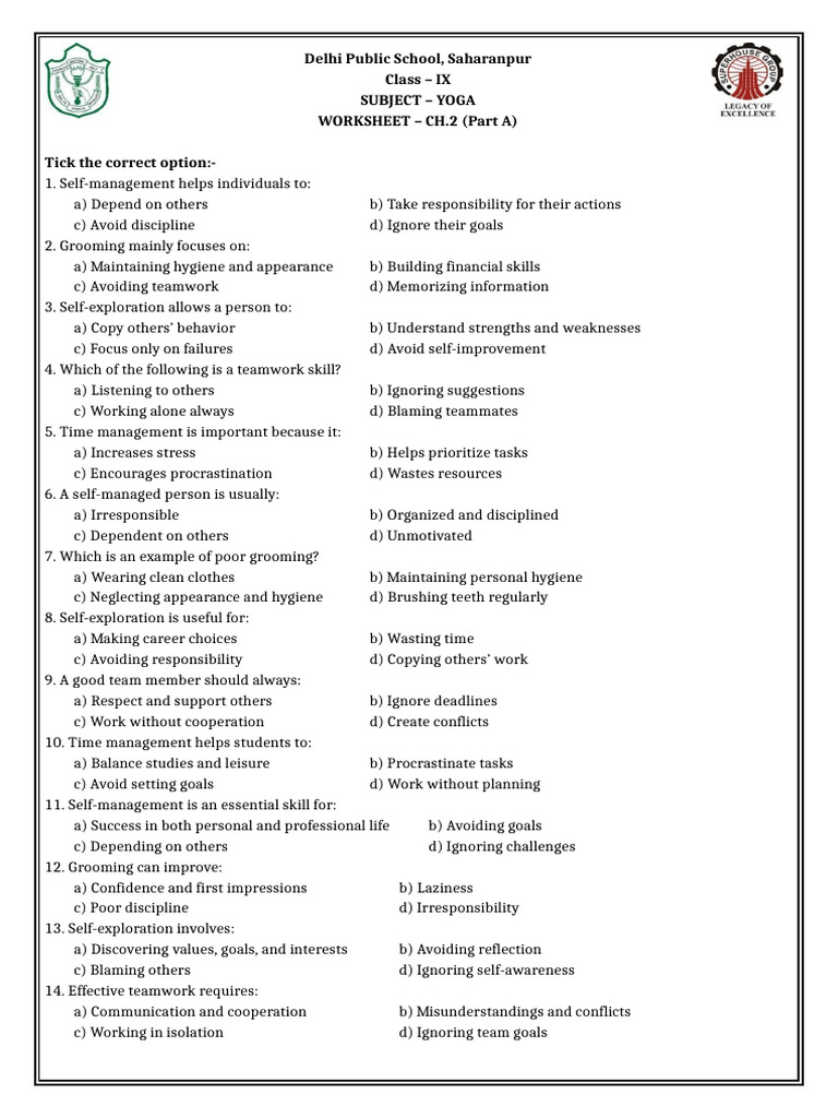 Yoga Worksheet: Self-Management Skills | PDF | Time Management ...