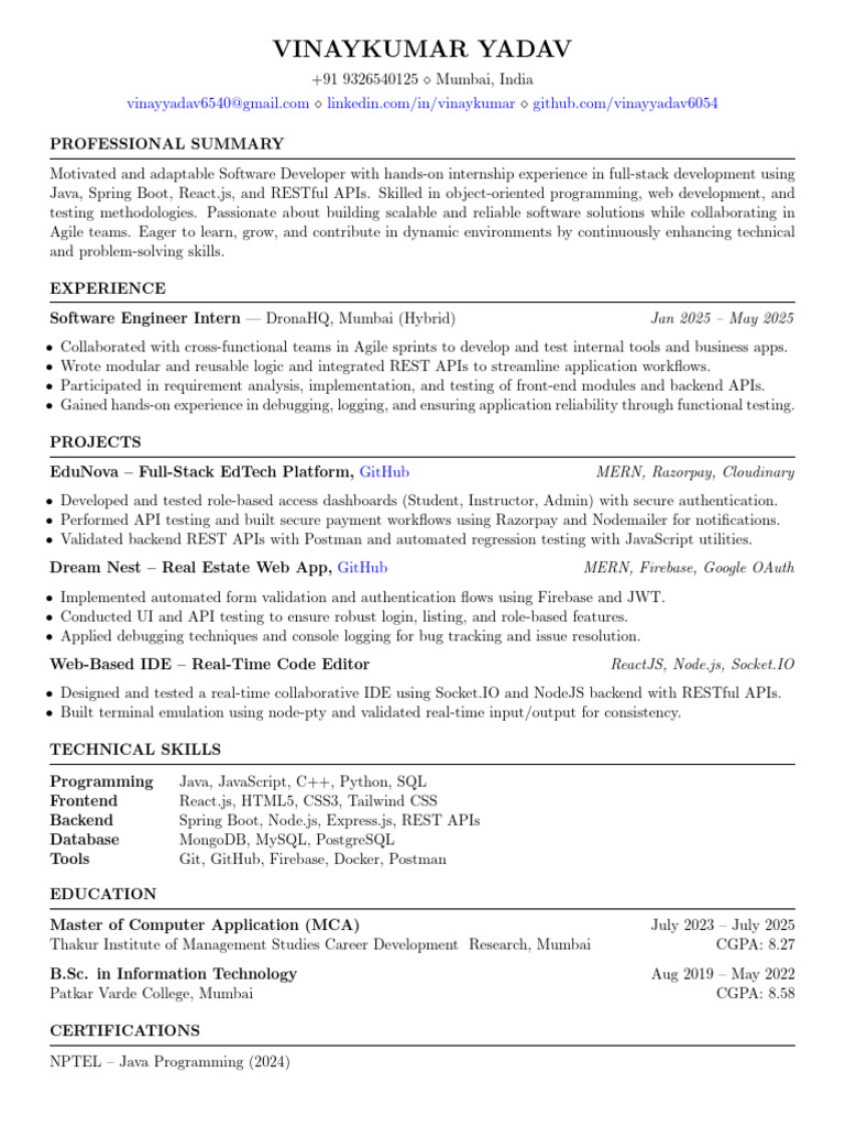 Software Developer Resume - Vinay Kumar Yadav | PDF | Systems ...