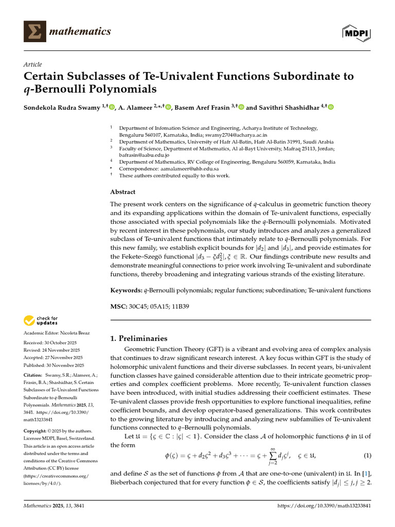 Te-Univalent Functions and q-Bernoulli Polynomials | PDF | Complex ...