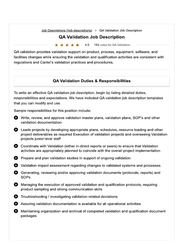 QA Validation Job Description - Velvet Jobs | PDF