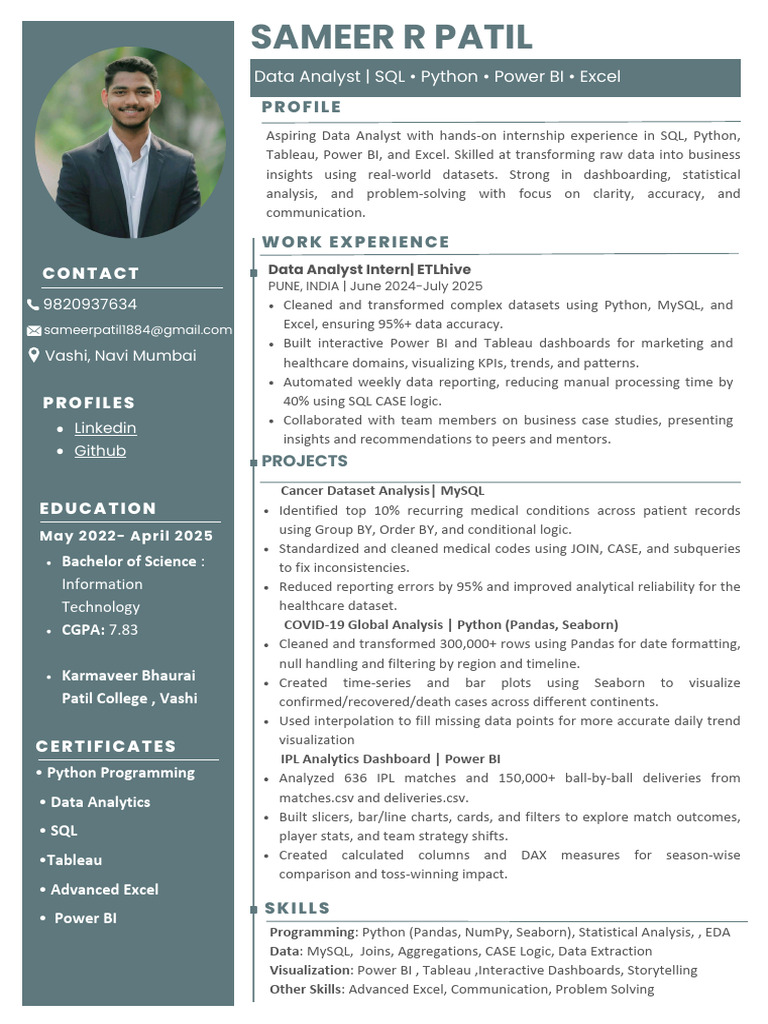 Sameer Patil Data Analyst Resume | PDF | Data Analysis | Microsoft Excel