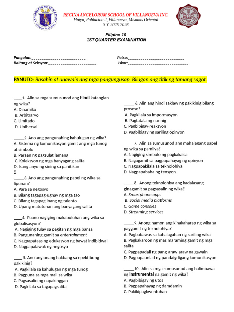 FIL10 Test Questionares | PDF