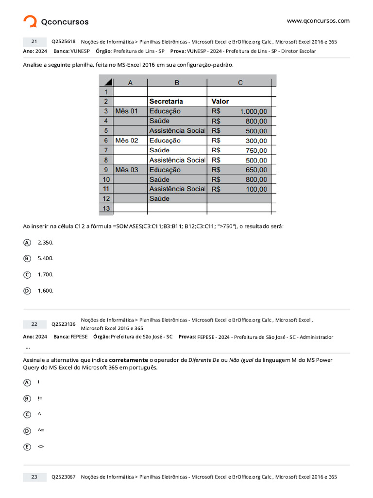 Questões de Excel 2016 para Concursos | PDF | Microsoft Excel | Teclado ...