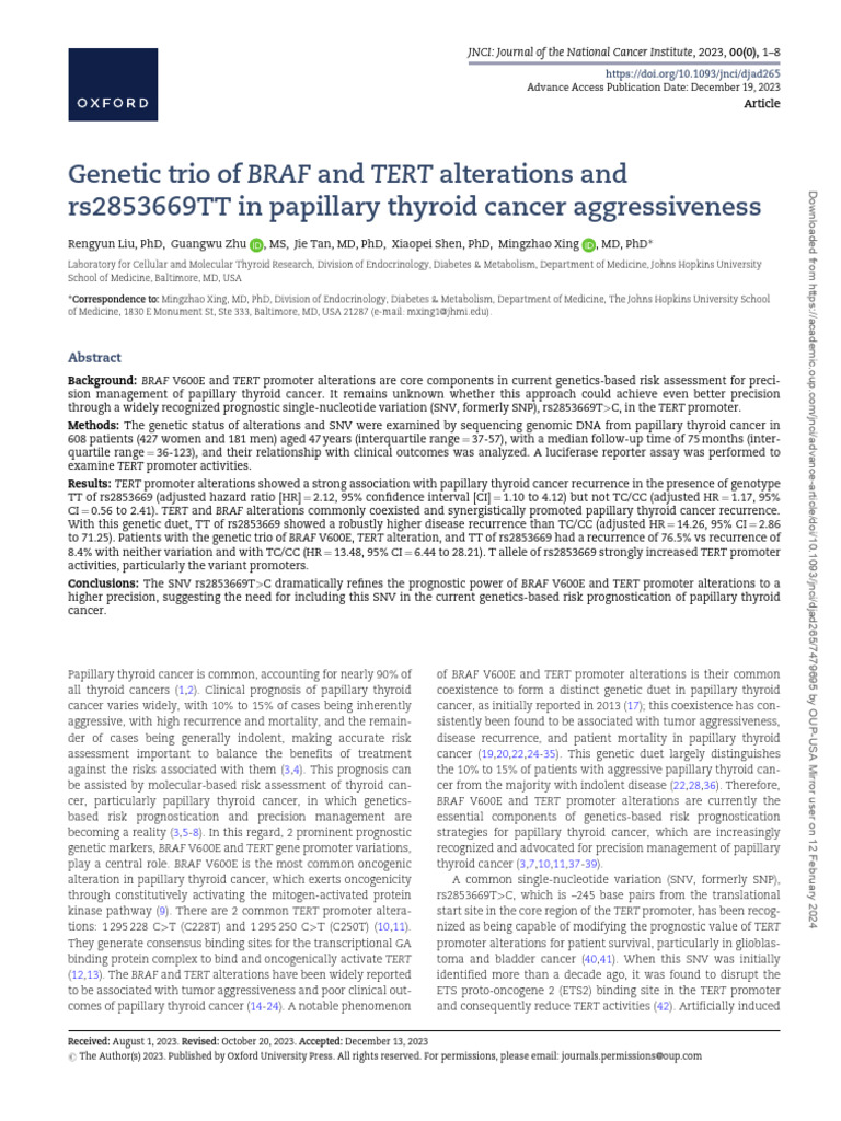 Genetic Trio of and Alterations and rs2853669TT in Papillary Thyroid ...
