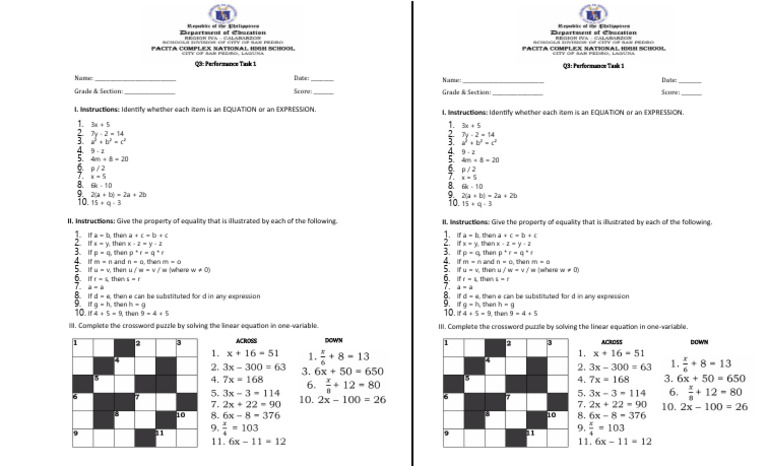 Equations vs Expressions Worksheet | PDF | Chess | Chess Theory