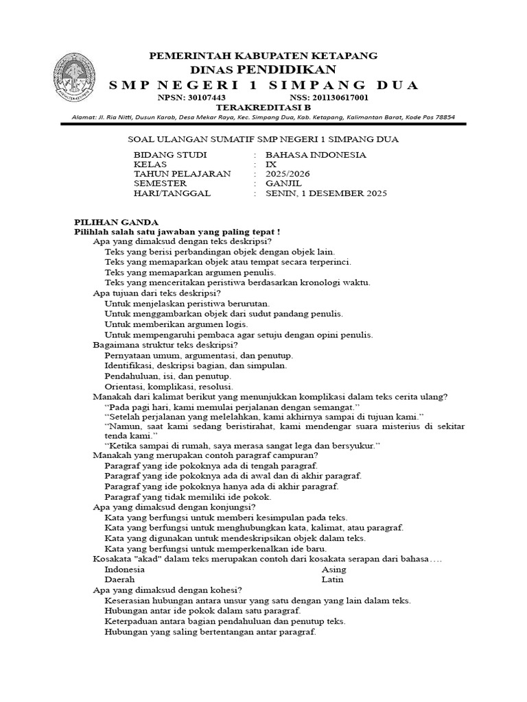 Soal Ulangan Bahasa Indonesia Kelas IX | PDF