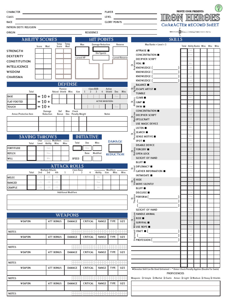 Iron Heroes Character Record Sheet | PDF | Role Playing Games | Gaming