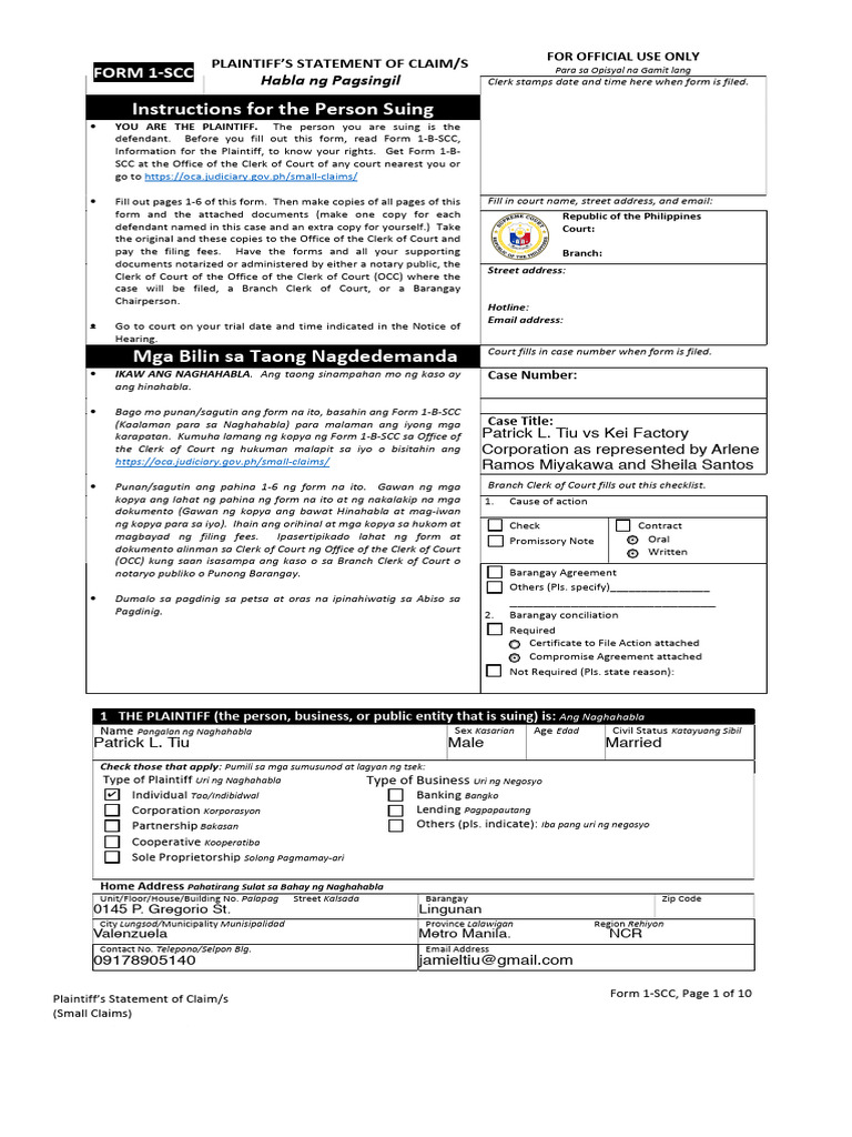 FORM 01 - SCC Statement of Claim | PDF | Common Law | Judiciaries