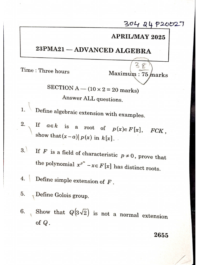 Advanced Algebra 2025 April-May Question Paper | PDF