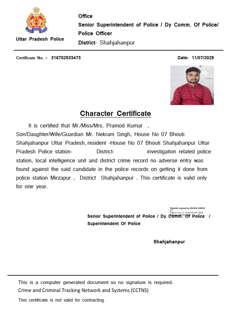 Character Certificate for Pramod Kumar | PDF