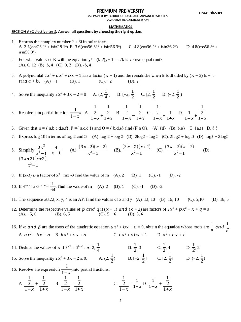 Mathematics Exam Questions 2024/2025 | PDF | Polynomial | Equations