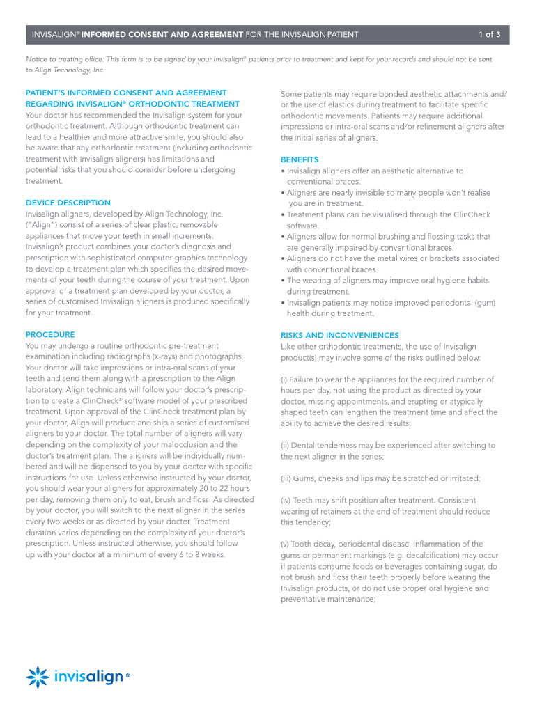 Invisalign Treatment Consent Form | PDF | Orthodontics | Human Tooth