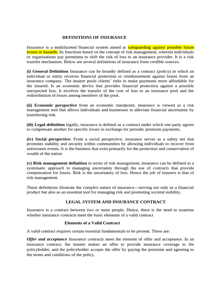 Definitions and Features of Insurance Contracts | PDF | Insurance ...