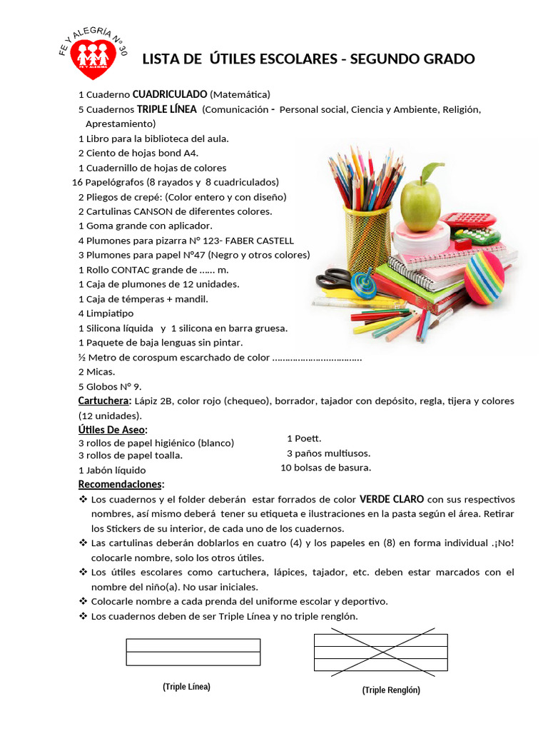 Útiles Escolares para Segundo Grado | PDF