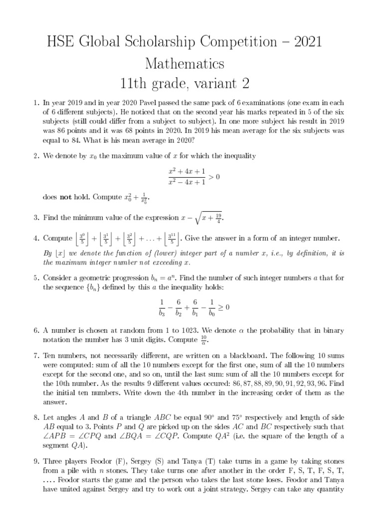 HSE Global Scholarship Math Problems 2021 | PDF | Numbers | Mathematics