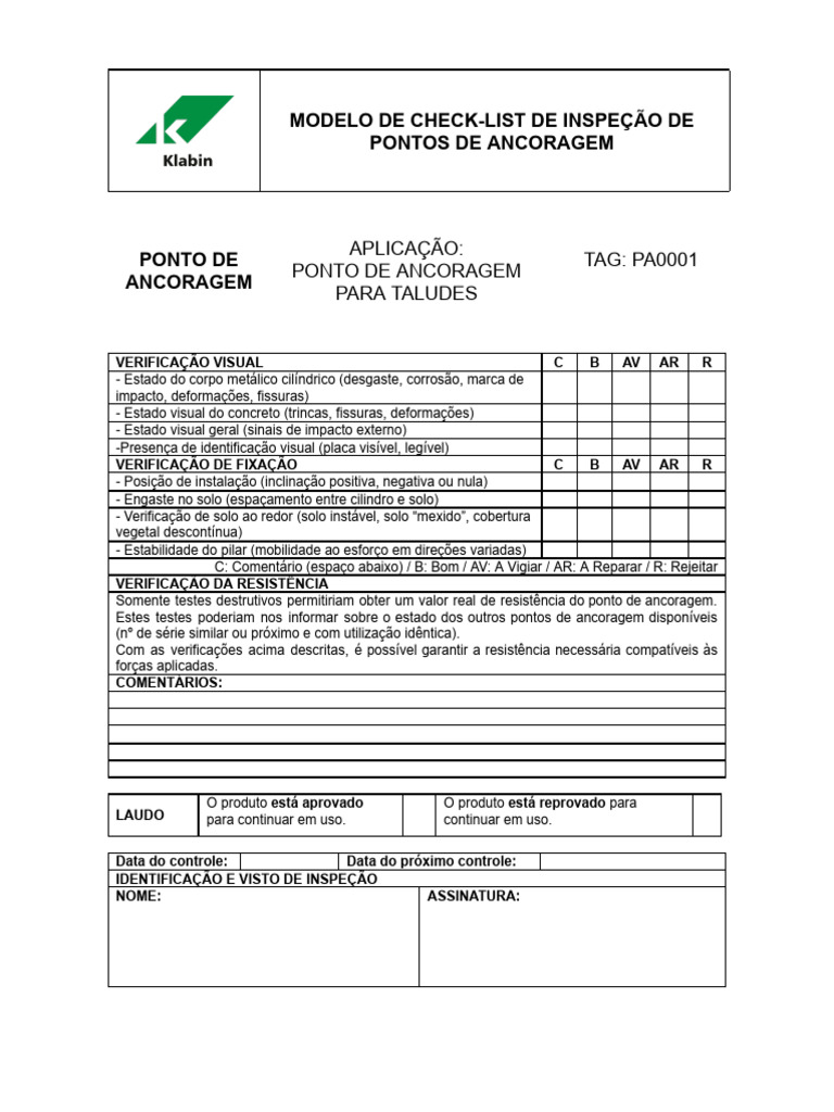 Check-list de Inspeção de Pontos de Ancoragem | PDF