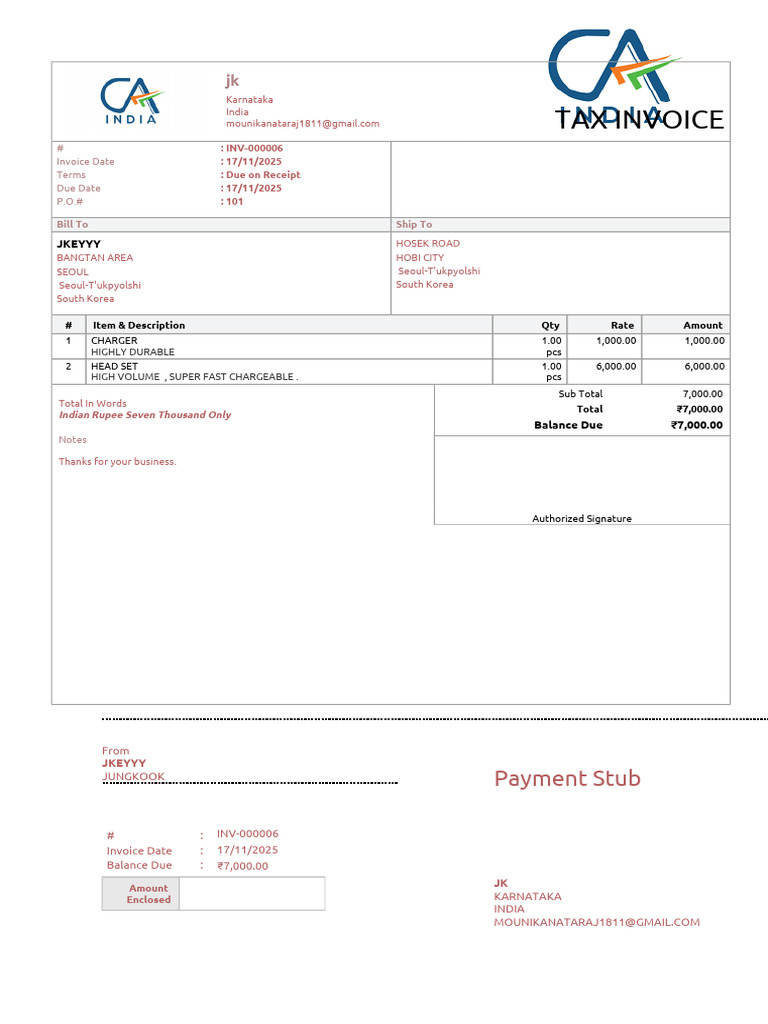 Invoice INV-000006 for JKEYYY Payment | PDF | Payments | Accounting
