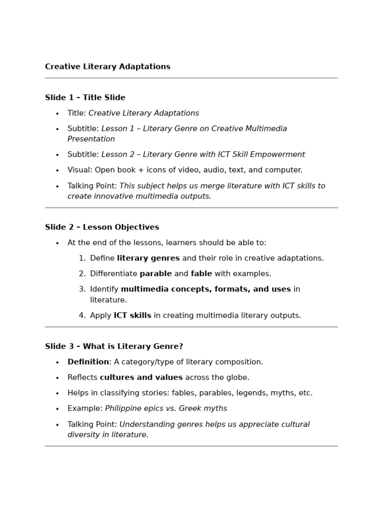 Creative Literary Adaptations & ICT Skills | PDF | Educational ...