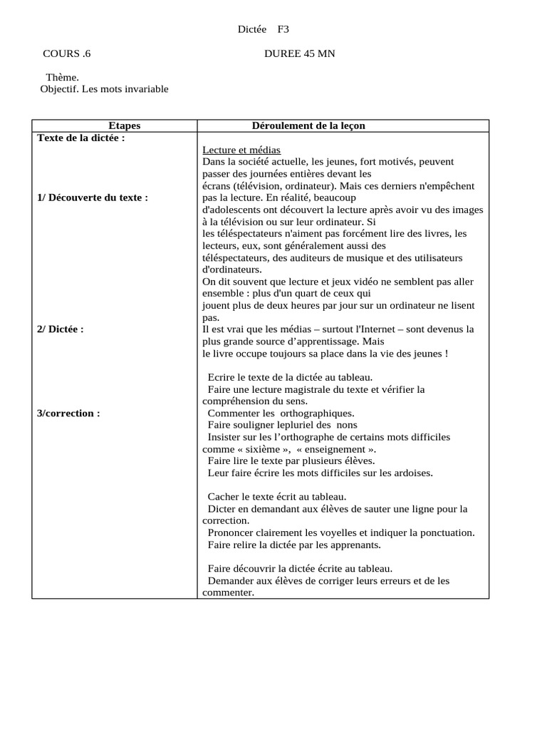 Dictée F3 : Mots invariables et médias | PDF | Communication humaine ...