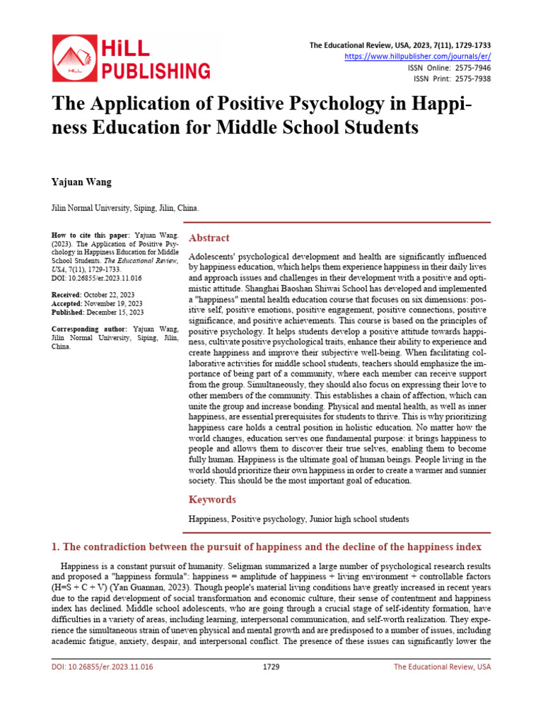 Application of PP in Happiness Education For Middle School Students in ...