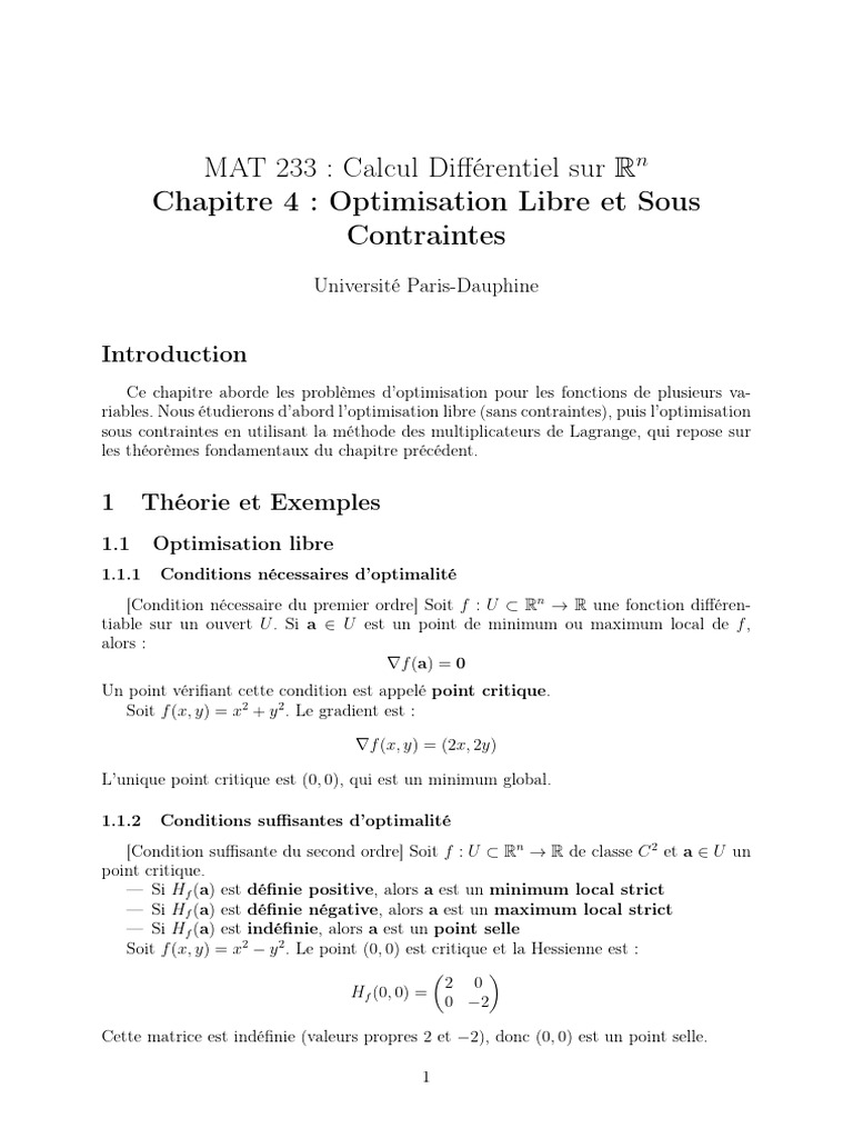 Optimisation libre et sous contraintes | PDF | Optimisation ...