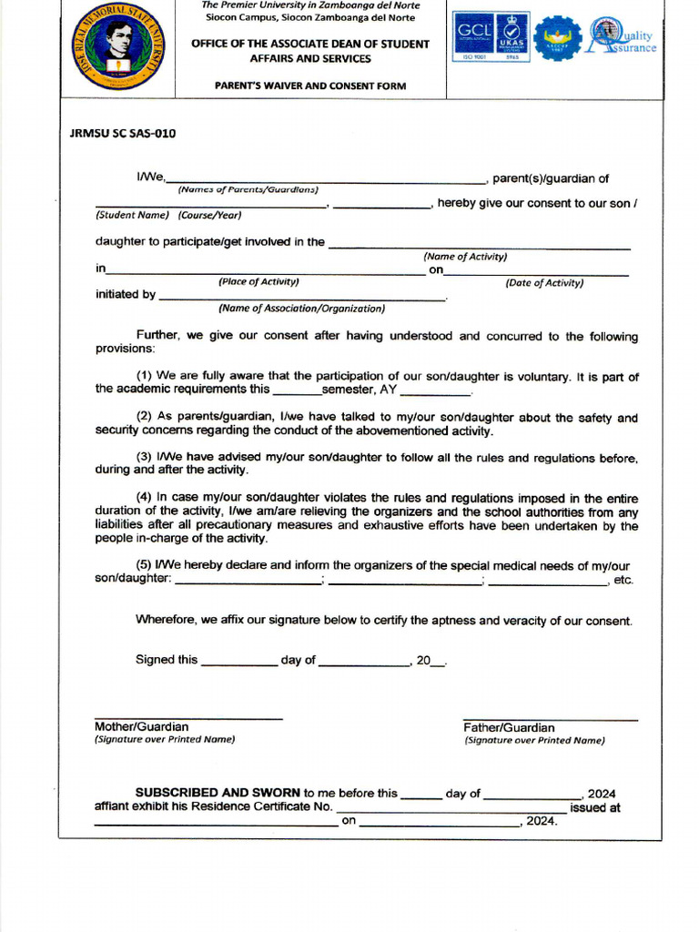 Parents Waiver and Consent Form | PDF