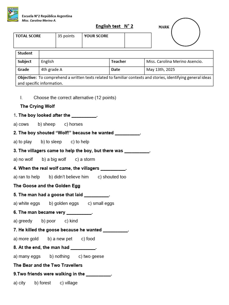 ENGLISH TEST 4th Grade October 21st | PDF