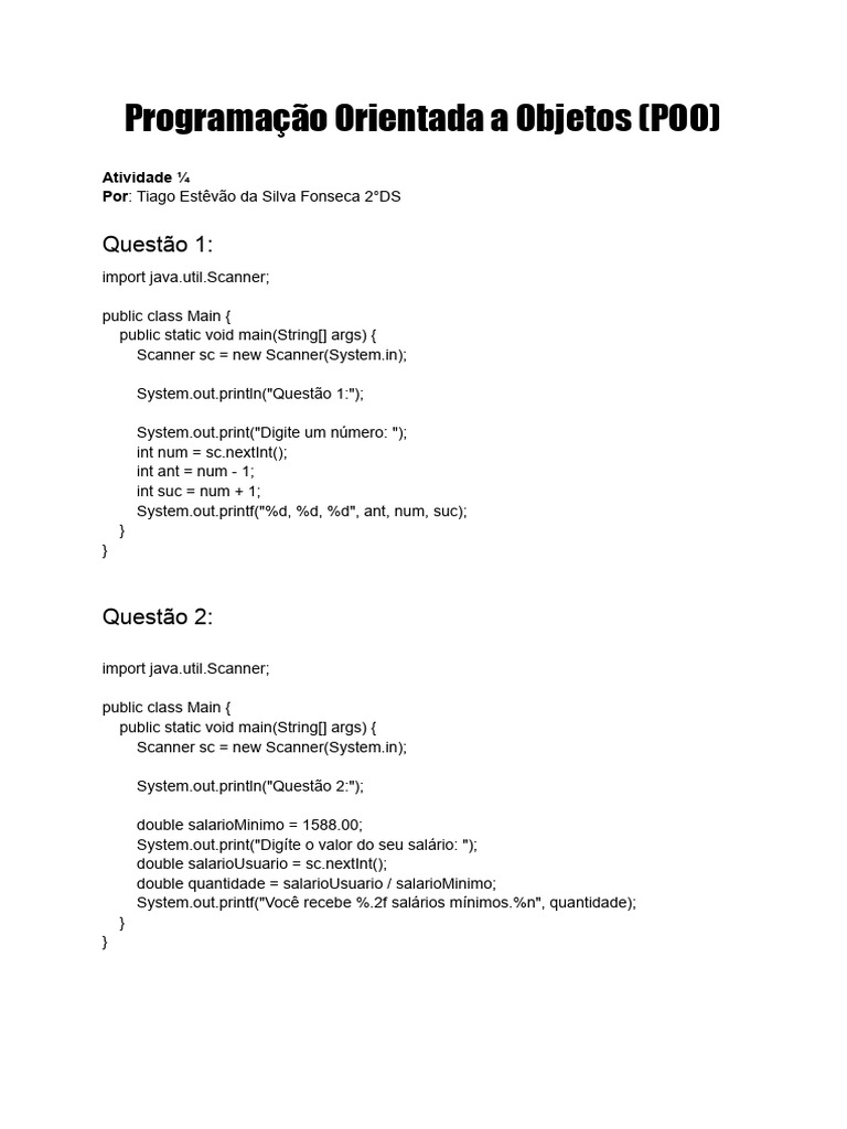 Atividades de POO | PDF | Java (linguagem de programação) | Paradigmas ...
