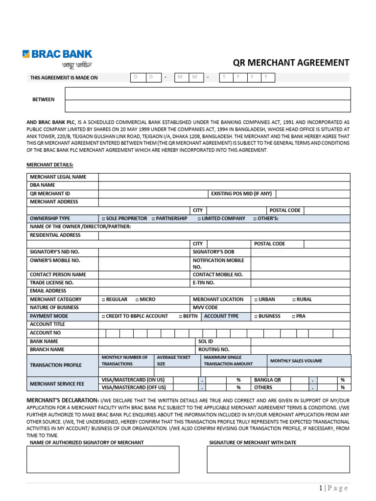 BRAC Bank QR Merchant Agreement | PDF | Banks | Visa Inc.