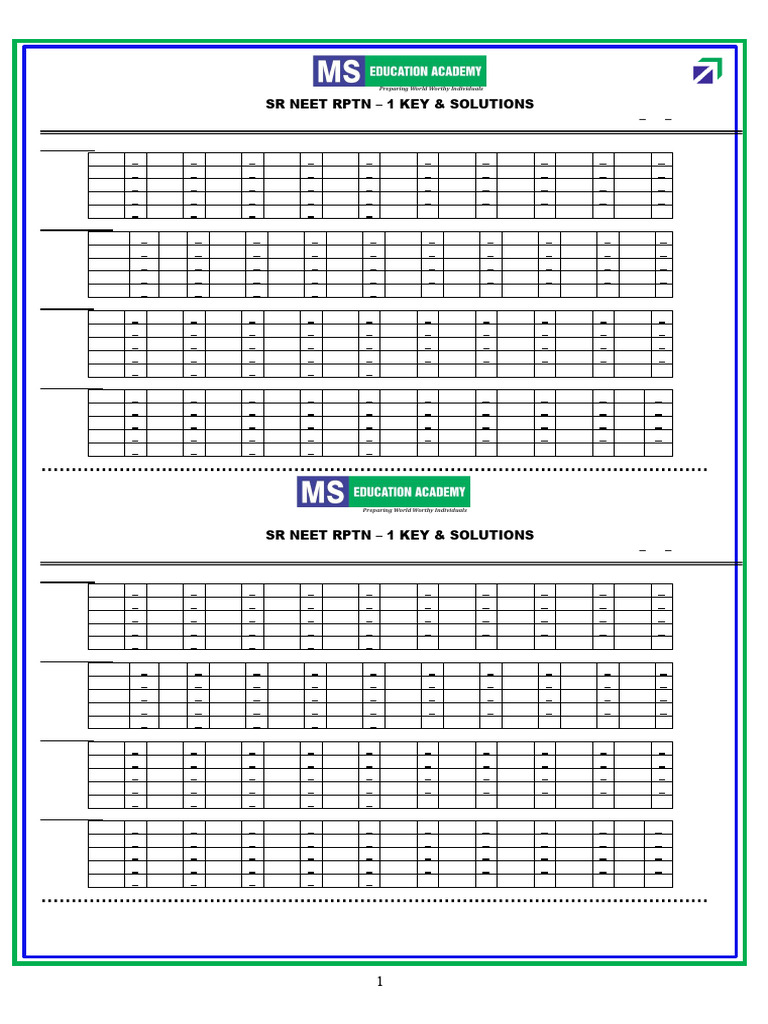 SR NEET RPTN 1 Key & Solutions 2025 | PDF | Mole (Unit) | Ion