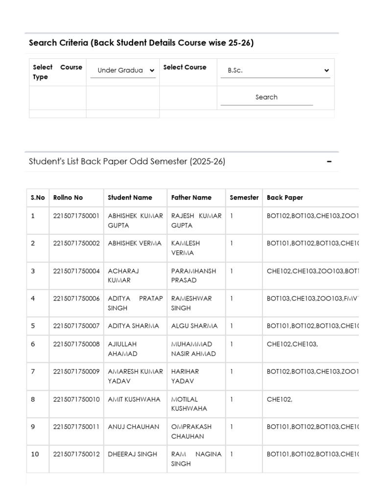 Student Back Paper List 2025-26 | PDF | Social Groups Of India