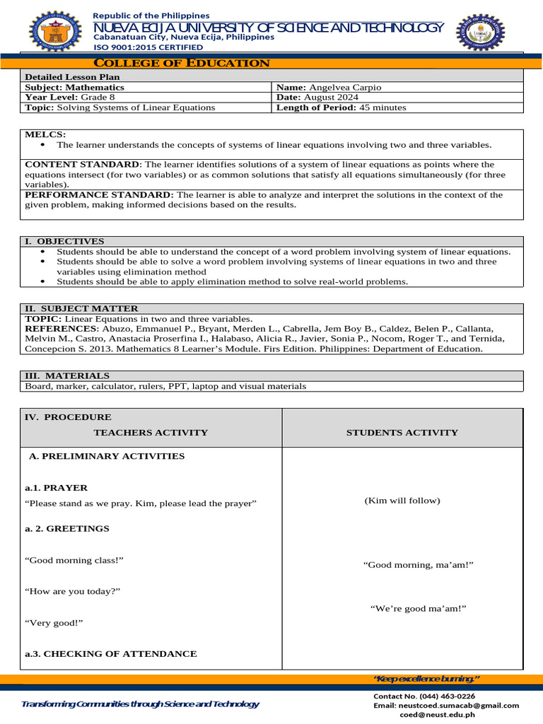 Grade 8 Math Lesson Plan: Linear Equations | PDF | Equations | System ...