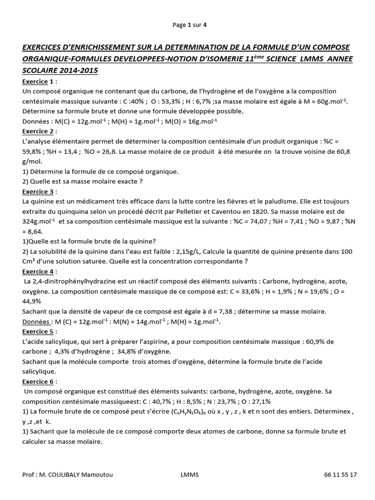 Exercices sur la formule des composés organiques | PDF | La combustion ...